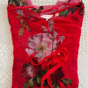 Ted Baker Red Floral Sheer Midi Dress with Tie Detail cover-up